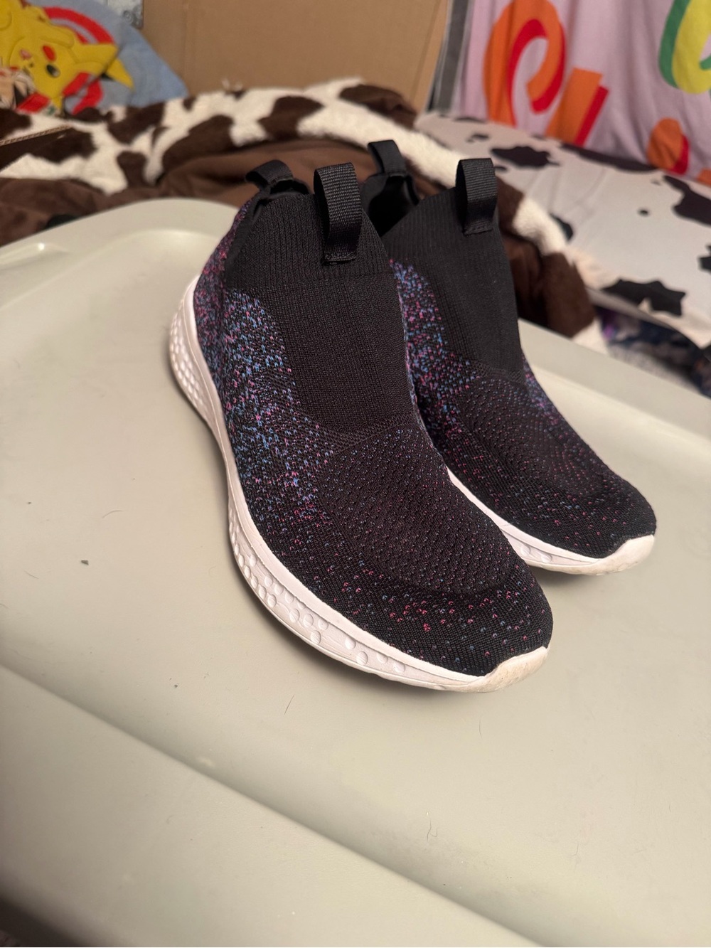 Avia Women's Black Knit Slip-On Sneakers with Multicolor Speckle